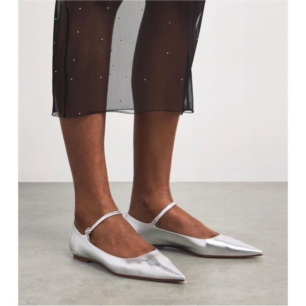 New AEYDE Cleo Pointed Toe Mary Jane Flat in Silver, Size EU 38.5/ US 8.5